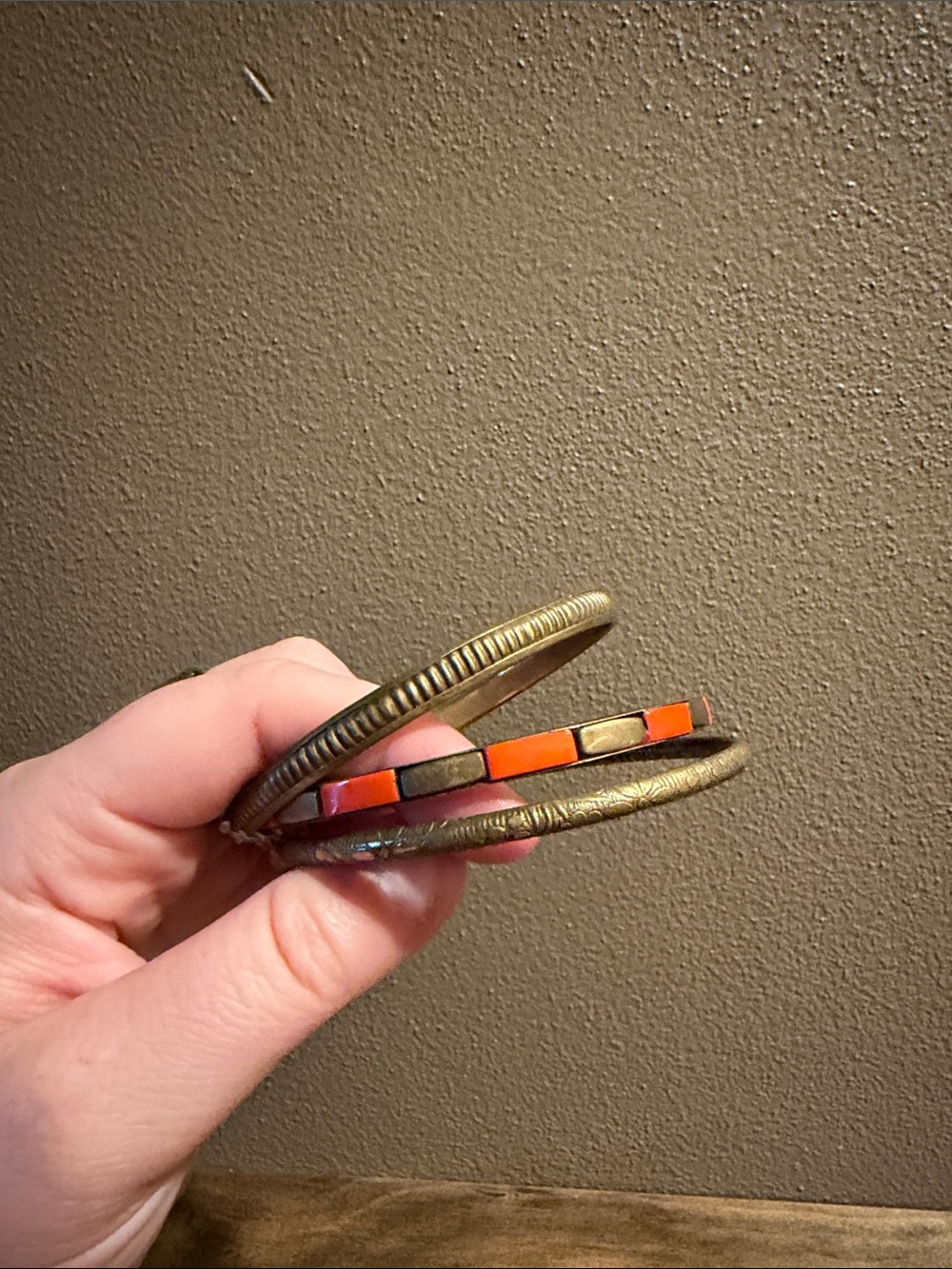 Vintage Brass Bangle Bracelets with Orange Inlay Set